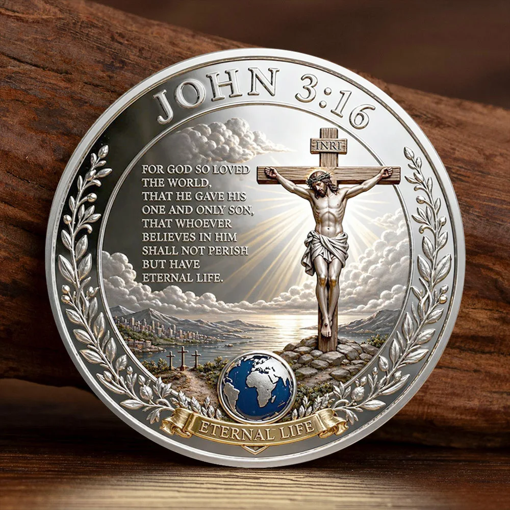 Pièce de collection souvenirs plaquée argent avec croix et inscription « John 3:16 Vie éternelle », de la collection Jésus « Dieu aimait le monde autant qu'il aimait ses créatures»