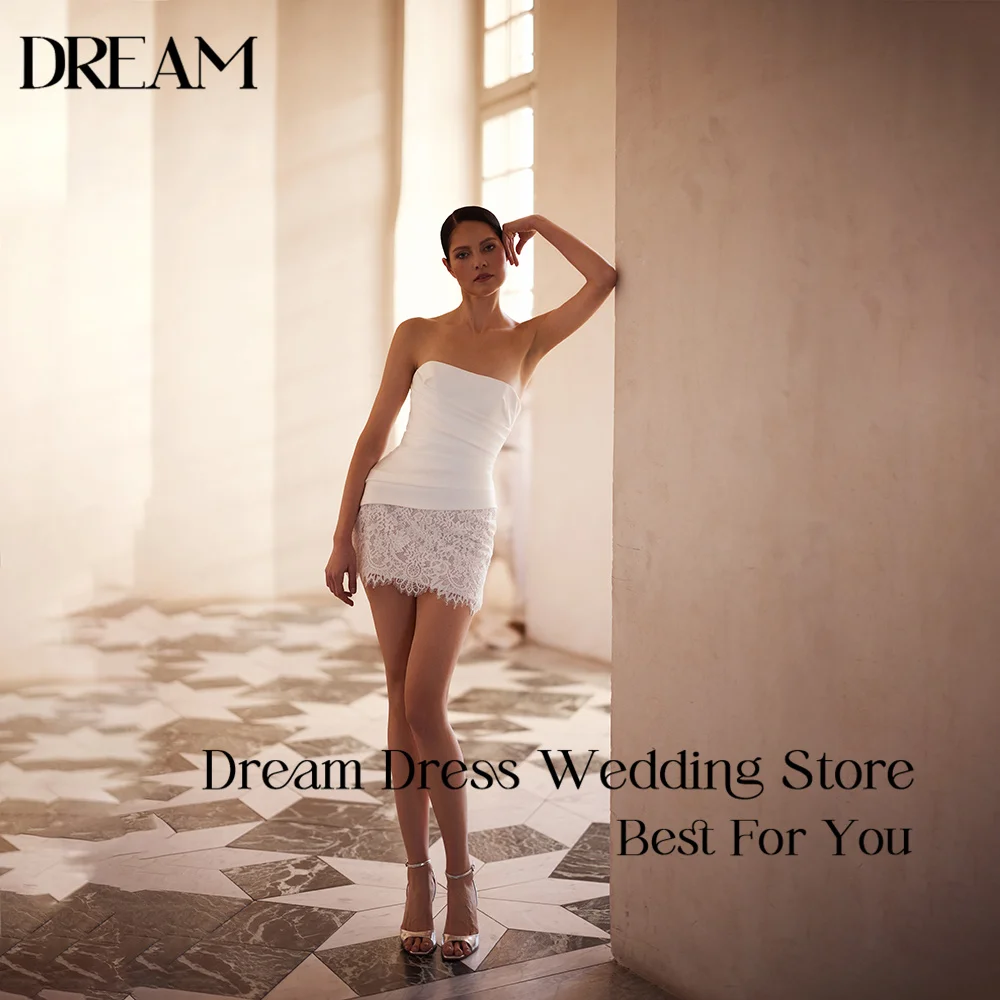 Dream Customized Elegant Mini Dress Strapless Sweetheart Neck Draped Satin Bodice Floral Lace Skirt Bodycon Bridal Party Gowns