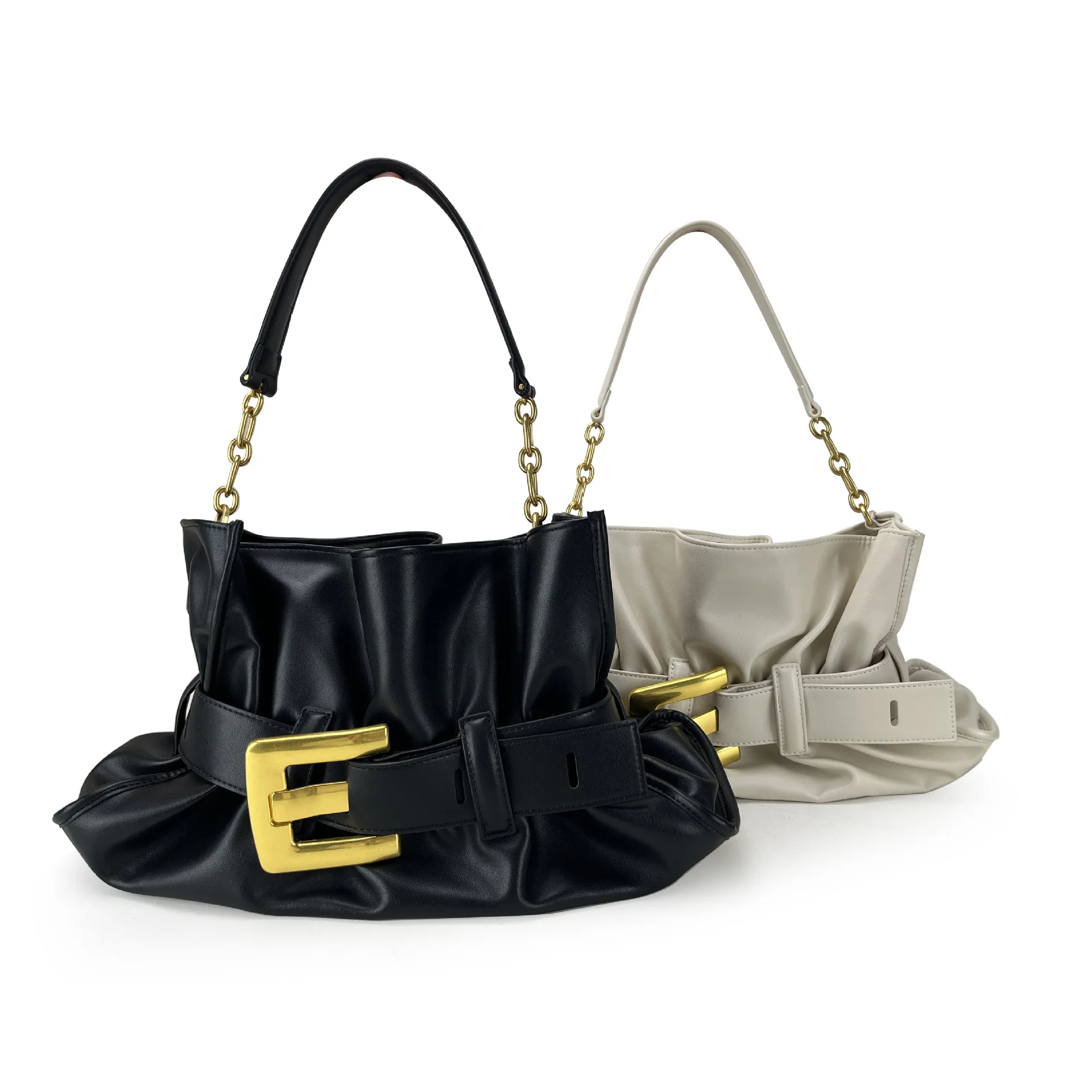 

2026 Новая модная женская плиссированная сумка-облако с металлической цепочкой на плечо и яркой квадратной пряжкой