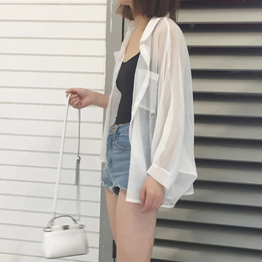 2023 New Womens Chiffon Shirt Summer Loose Thin Long Sleeved Sunscreen Top Cardigan Classical Cute  Elegant V-neck Top Female