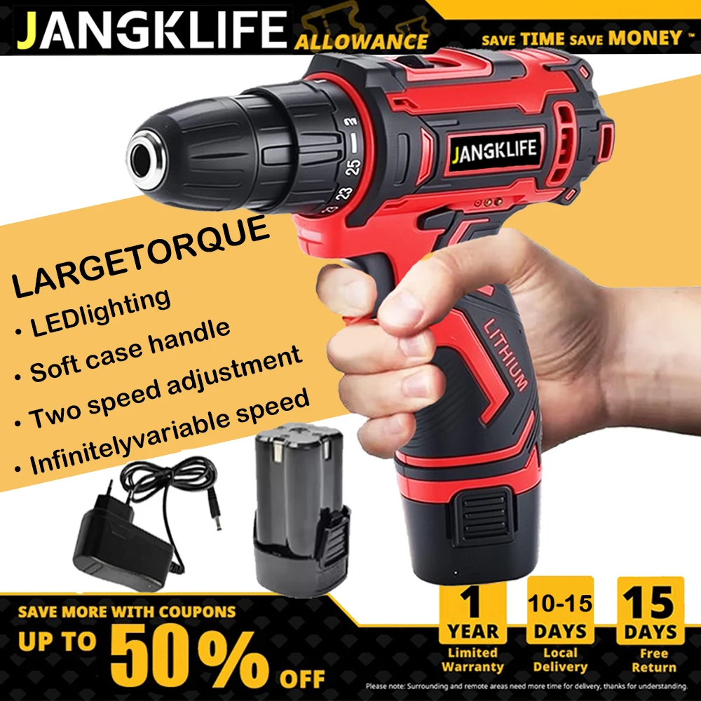 

12V JANGKLIFE Cordless Drill Electric Screwdriver Mini Wireless Power Driver DC Lithium-Ion Battery
