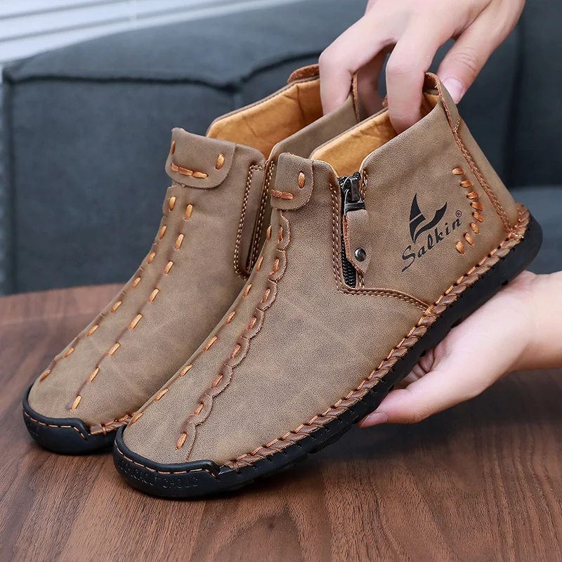 

Мужские ботинки из натуральной кожи большого размера, с мягкой подошвой, повседневные, для вождения, уличные, до середины икры, модные, трендовые