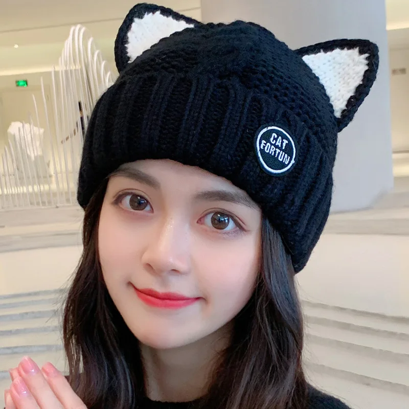 Cat Ears Knitted Bonnets for Women Cap Women\'s Autumn and Winter Korean-Style Fleece-Lined Warm Beanie All-Matching Cute Hat