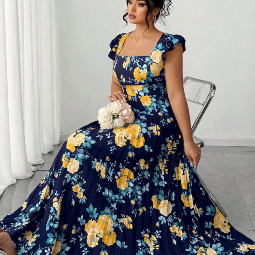 

Plus Size Floral Maxi Dress, Women's Square Neck Ruffle Sleeve Pleated Long Dress, Navy Blue Yellow Floral Print Elegant Party E