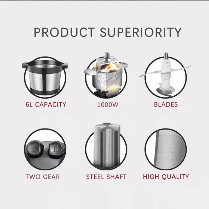 1000W Commercial Electric Stainless Steel Multi-Function Stuffing Machine 6L Large-Capacity Broken Vegetable Chili Blender 220V