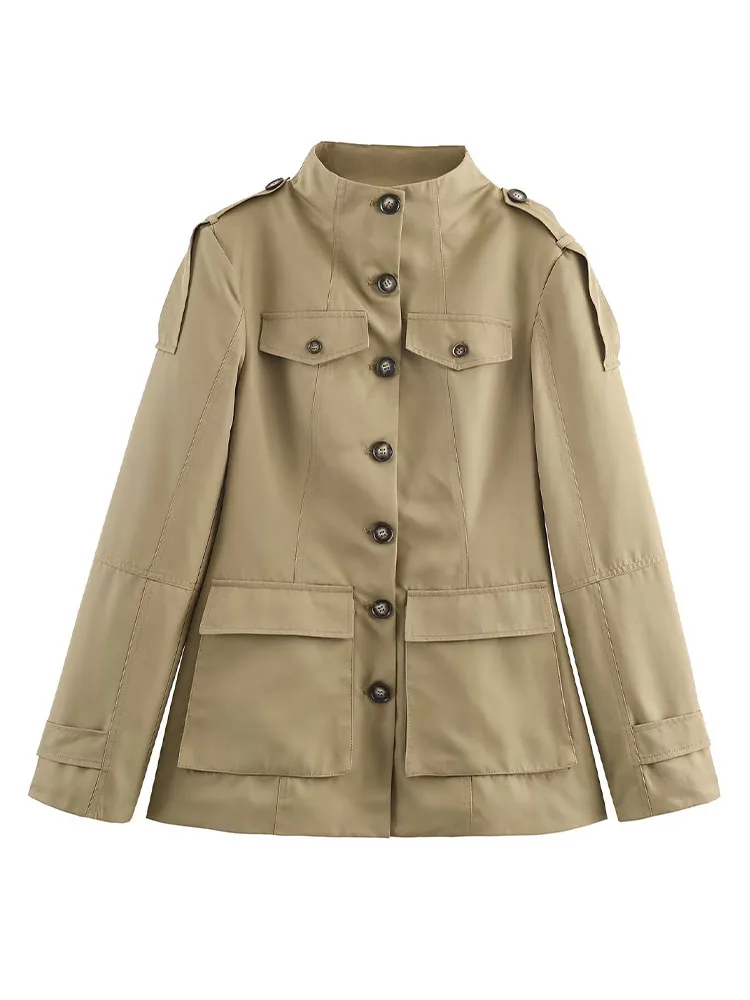 

HH Elegant Woman Street Style Jacket Autumn Women's Long Sleeves High Neck Pockets Single Breasted Design Casual Coats Mujer