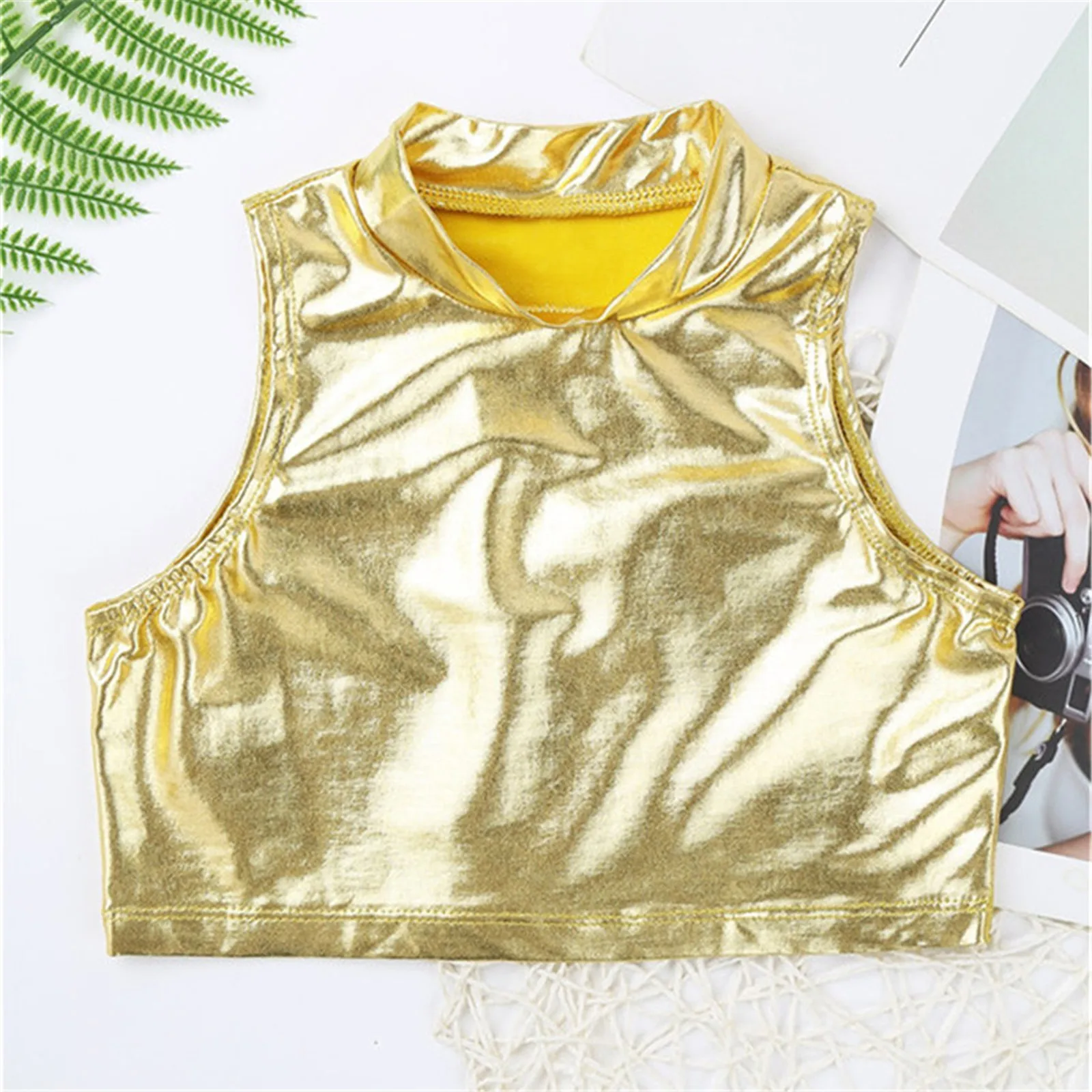 Fashion Girl\'s Tank Crop Tops Shiny Metallic Sleeveless Turtleneck Tanks Top for Stage Performance Gymnastics Workout Kids Tops