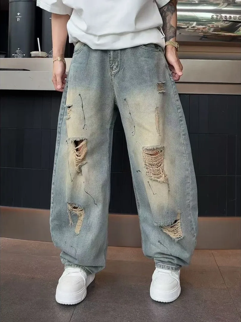 

Ripped American High Street Denim Jeans Men's Washed Vintage Knife Wide Leg Loose Versatile Casual Pants Spring Summer New Ar...