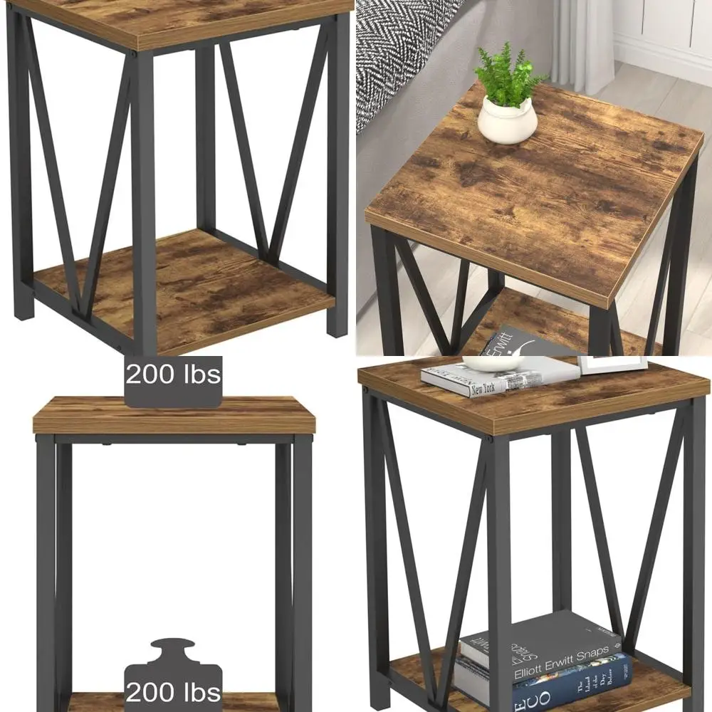 

Industrial Rustic Brown Metal & Wood Nightstand - Square End Table for Living Room & Bedroom