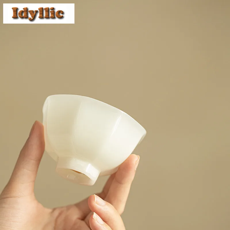 80ml Ice Type Mutton Fat Jade Octagon Teacup Elegant Tea Bowl Water Jug Tea-tasting Fragrance Cup Chazhan Master Cups Cha Craft