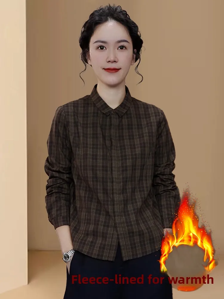 

Ladies Plaid Long Sve Faion irt Warm Thiened Fce Winter Daily Wear Vintage Sle Casual Loose Fit Button up Top