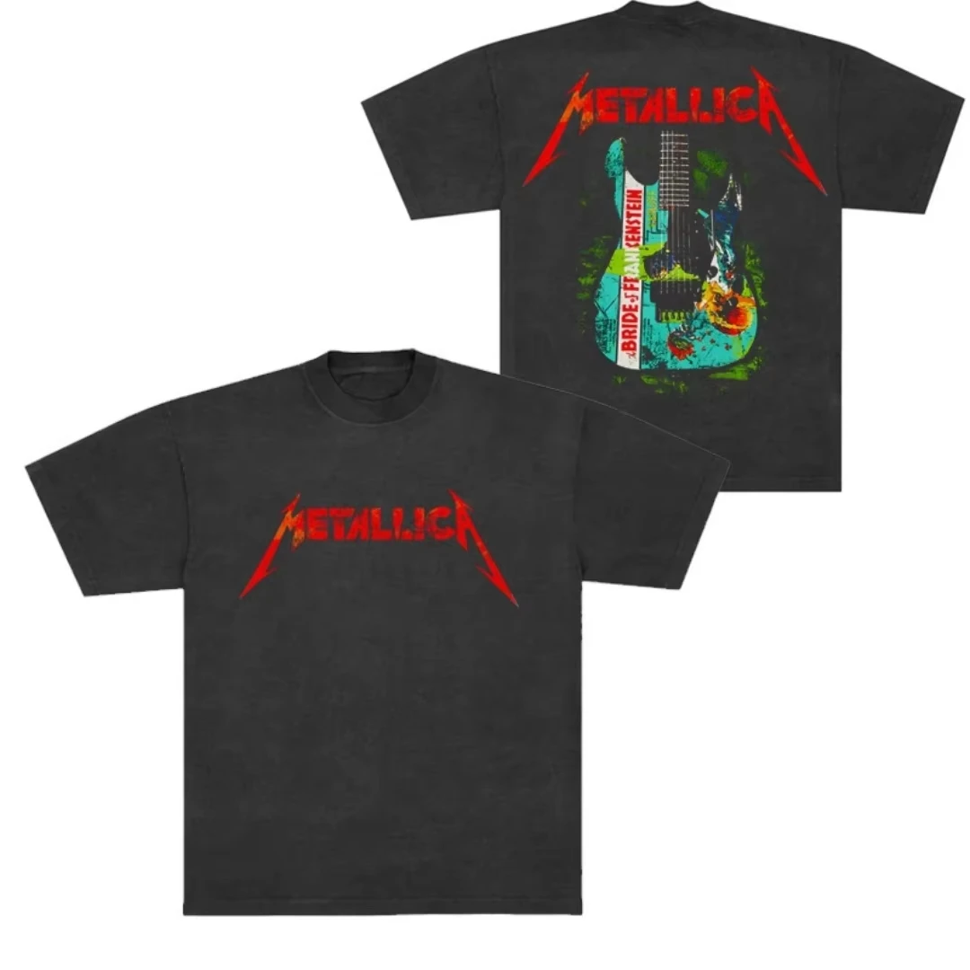 ميتاليكا على الوجهين الغيتار الجرافيك الرجال غسلها عارضة أعلى المعادن الفرقة مريحة اليومية الشارع الشهير الرجال تي شيرت أعلى