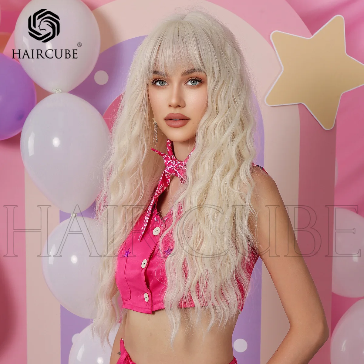 Peruca longa de cabelo encaracolado com Franja para mulheres, barbie bangs, lã bege, fibra resistente ao calor, cosplay diário, festa, novo