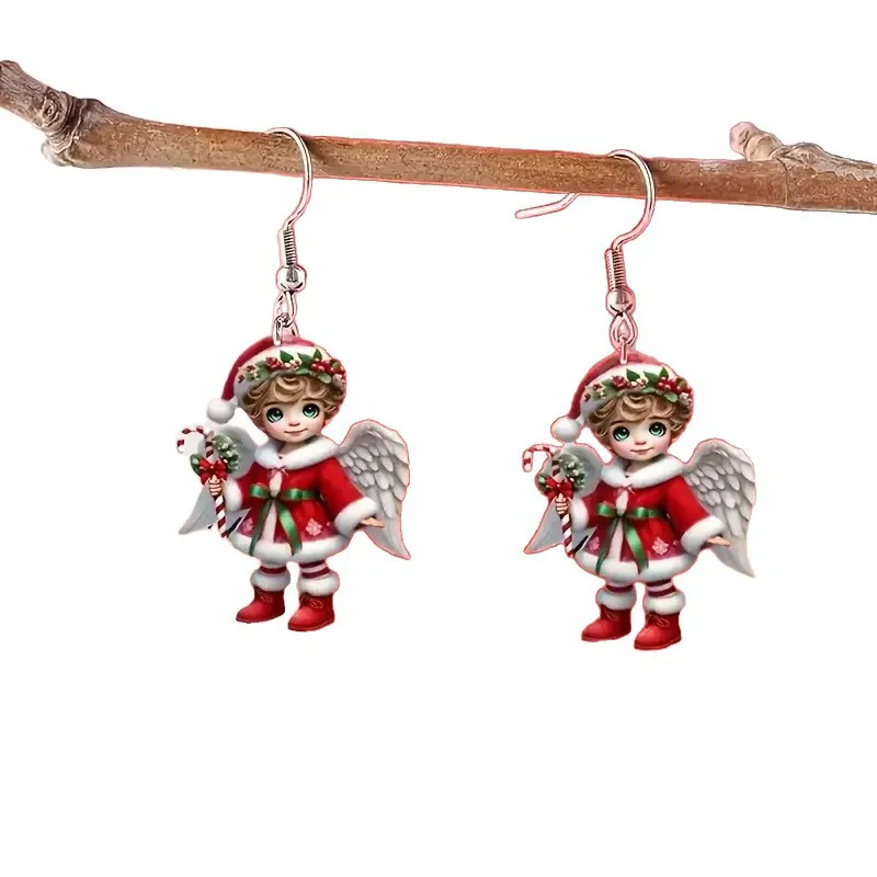 زوج واحد من أقراط دمية الملاك الكرتونية من الأكريليك، هدية أقراط عيد الميلاد الإبداعية واللطيفة