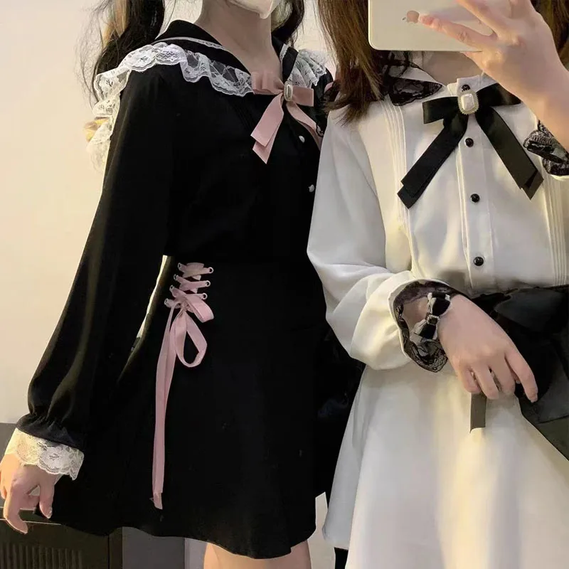 Sweet Lolita Fashion All Match Blouses Women Japanese Style Y2k Aesthetic Ruffled Bow Shirts Girly Kawaii Patchwork Tops Blusas