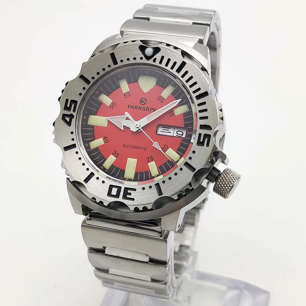 Relógio mecânico automático de safira masculino, caixa de aço inoxidável à prova d'água de alta qualidade, mostrador asséptico vermelho, relógio elegante