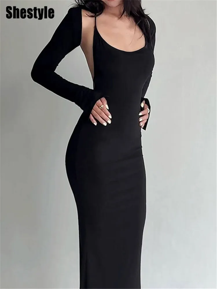 Shestyle المرأة الشتاء فستان طويل عارية الذراعين أسود أرجواني الصلبة 2 قطعة مجموعات الرسن كيب ضيق سليم رشيقة مثير الخيال الملابس