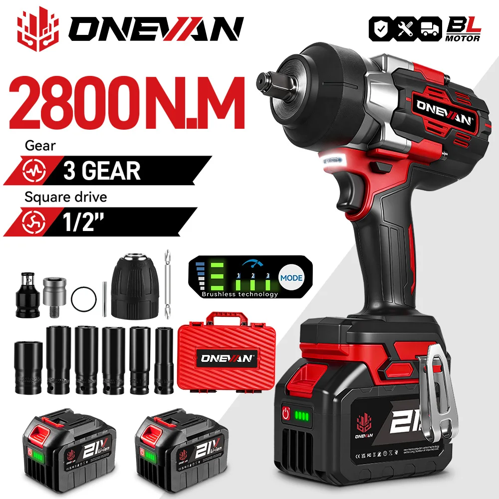 ONEVAN 2800N.M 2800W Brushless ประแจผลกระทบไฟฟ้า 1/2 นิ้วไร้สายประแจไขควงเครื่องมือสําหรับ Makita 18V แบตเตอรี่ Pin