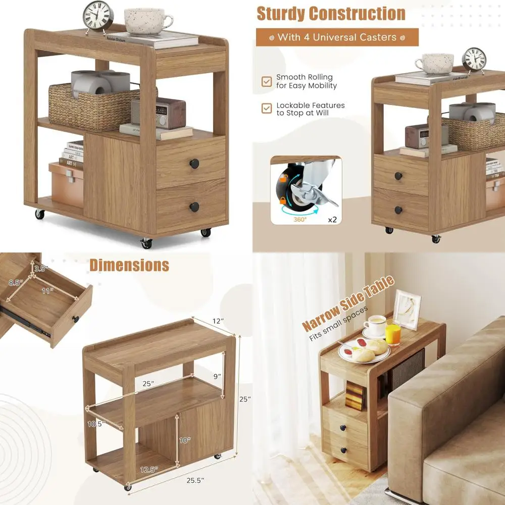 

Modern Rolling Storage Side Table with 2 Drawers and Open Shelves, Compact Nightstand for Small Spaces, Narrow Bedside Stand wit