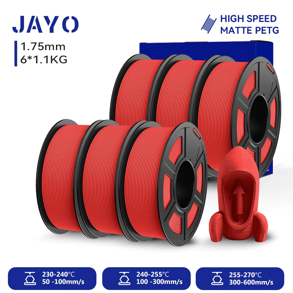 JAYO PETG 3D-Filament 1,75MM Hochgeschwindigkeits-Mattes PETG 3D-Drucker-Filament 6 Rollen High-Flow Speedy Matte Effekt 3D-Druckmaterialien