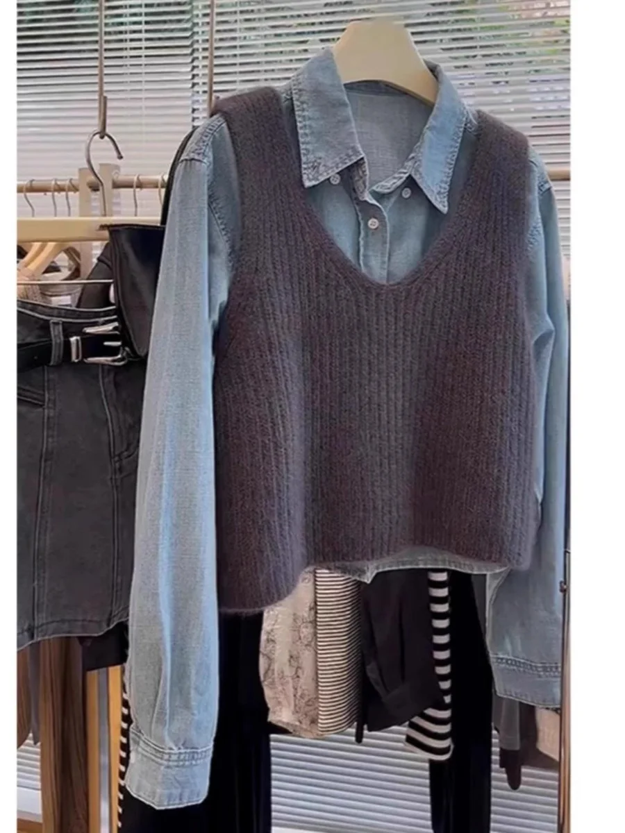 

Korean Style High-End Coffee V-Neck Knitted Vest Women's Spring Autumn Sleeveless Layering Outerwear Raccoon Fur Sweater Vest