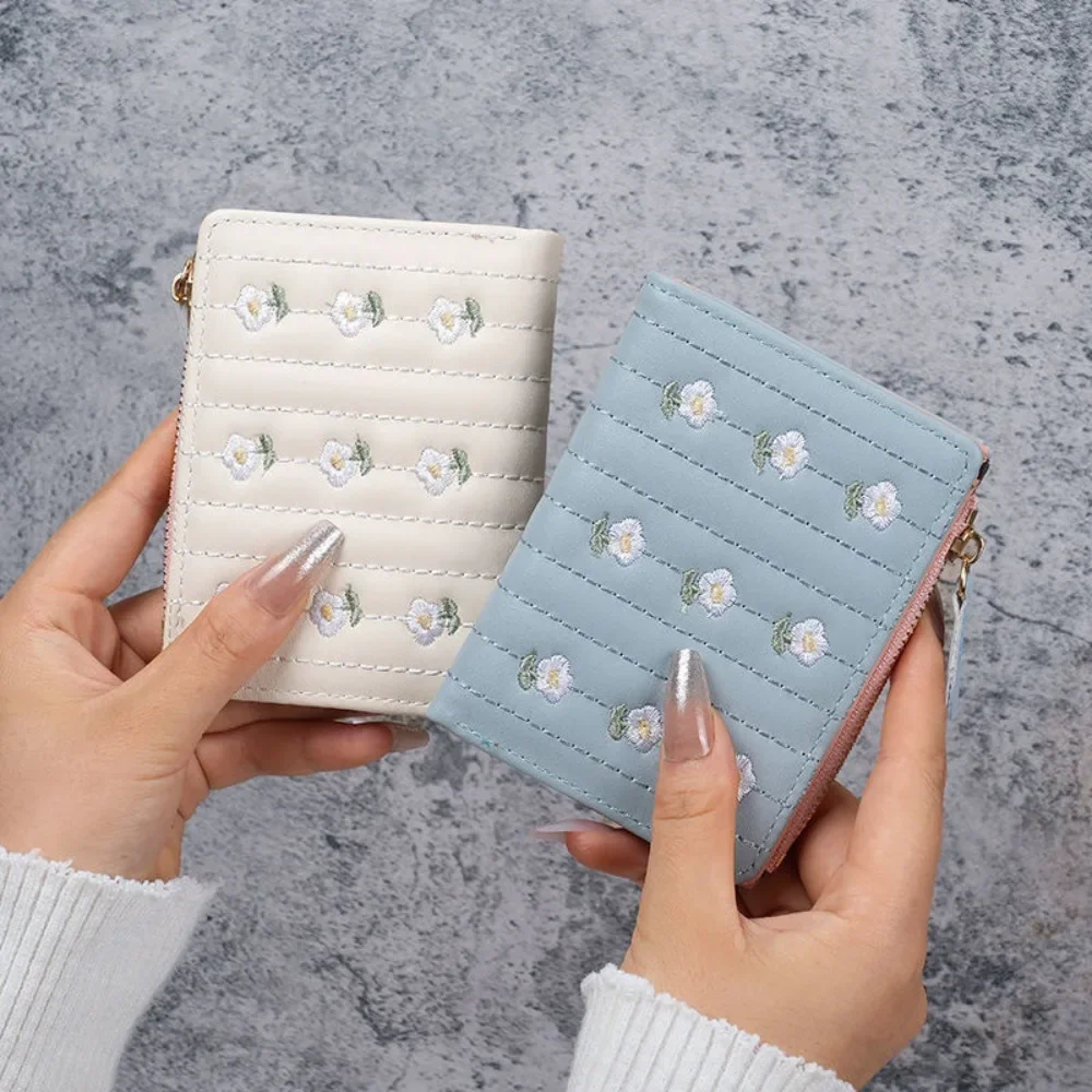 Folding Short Wallets Women Floral Embroidery PU Leather Texture Wallet Money Coin Bags Fashion All-match Designs Card Holders