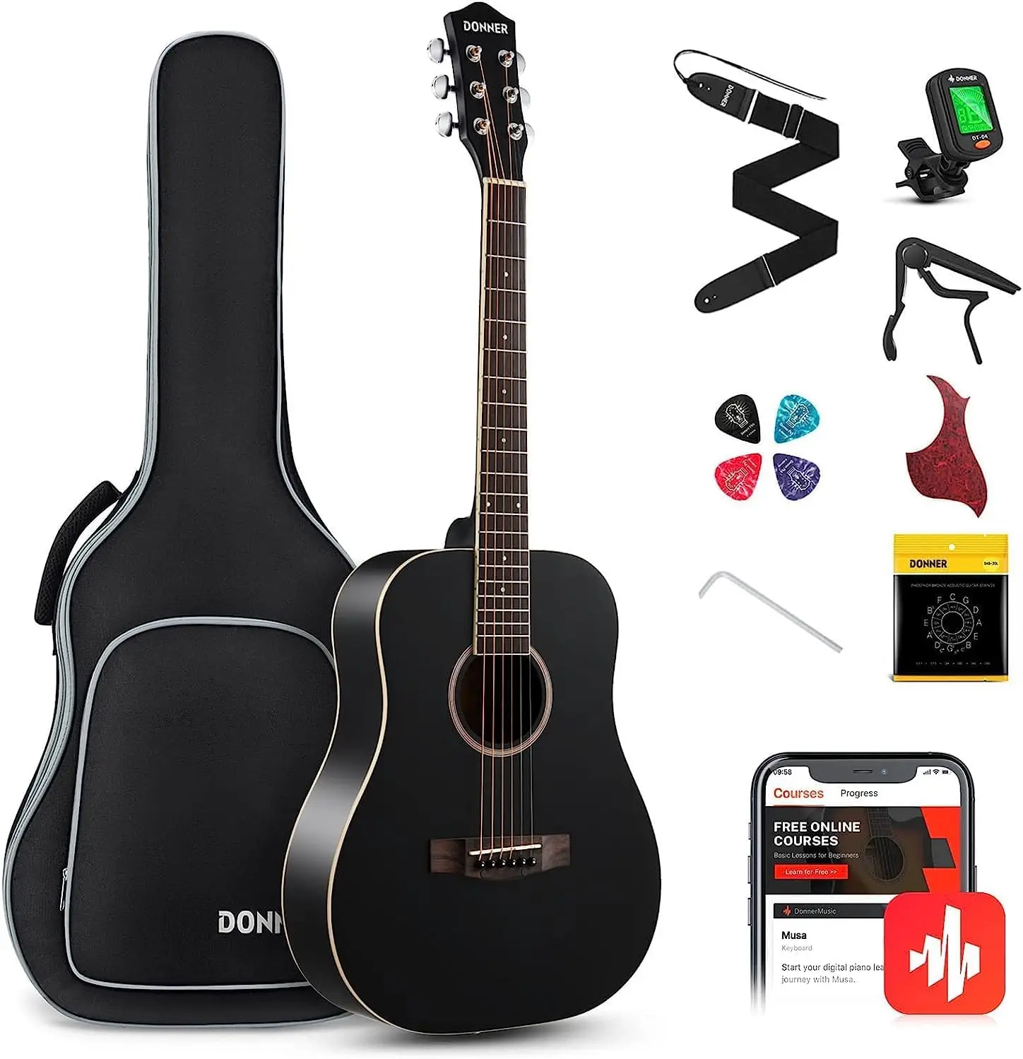 

Acoustic Guitar for Beginner Adult 36'' Dreadnought 3/4 Size Black Guitar Bundle Package Kit Travel, Spruce Wood With Gi Demonfx