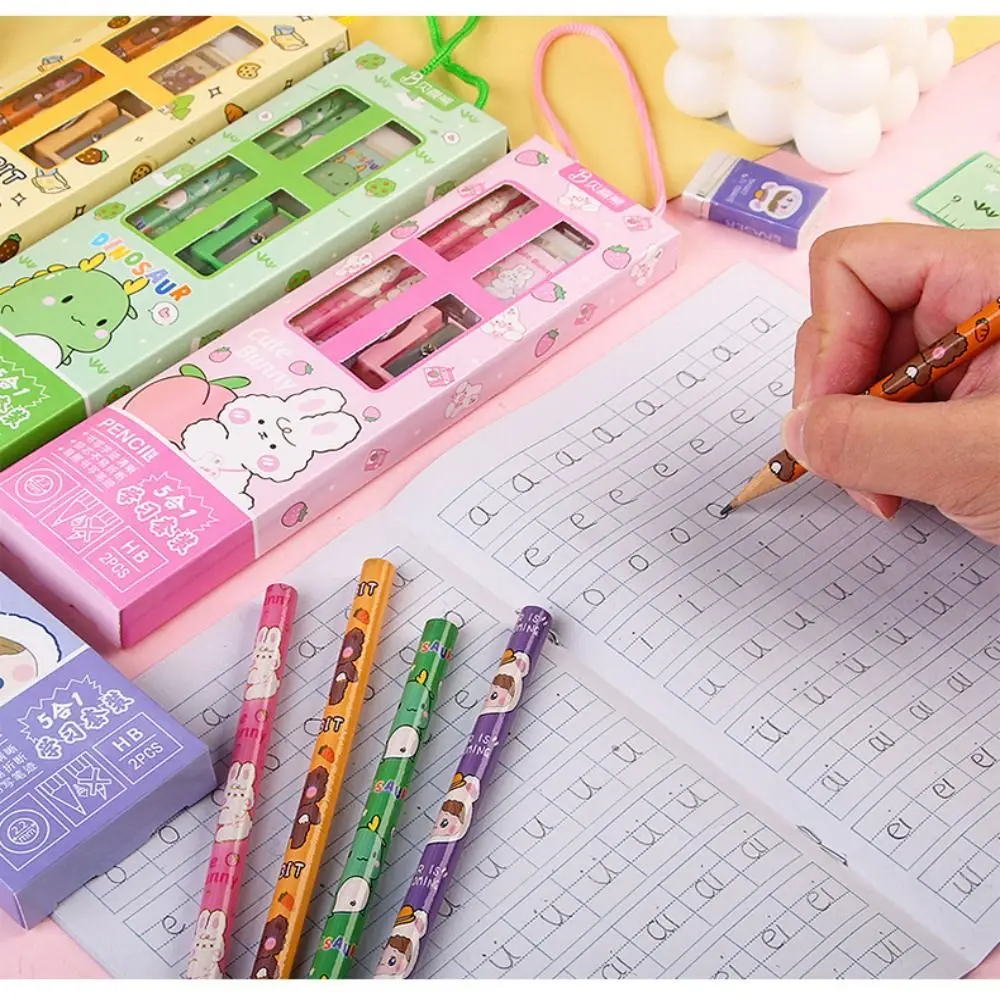 Creative 5 in 1 Pencil Set Cute Cartoon Stationery Set Portable Stationery Gift Box Set Writing Tool School Supplies