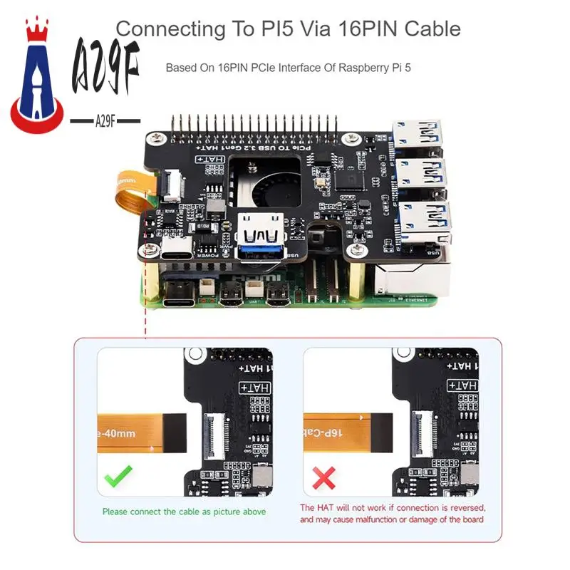 

A29F-Для Raspberry Pi 5 Pcie к USB 3.2 Gen1 HAT Pcie к USB-концентратору 4 порта USB Plug and Play для Raspberry Pi 5