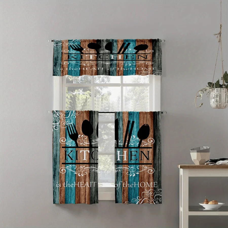  Teal Brown Wood Cutlery KITCHEN Scroll Print Kitchen Curtain, Rod Pocket Tiers for Rustic Industrial Kitchen Decor