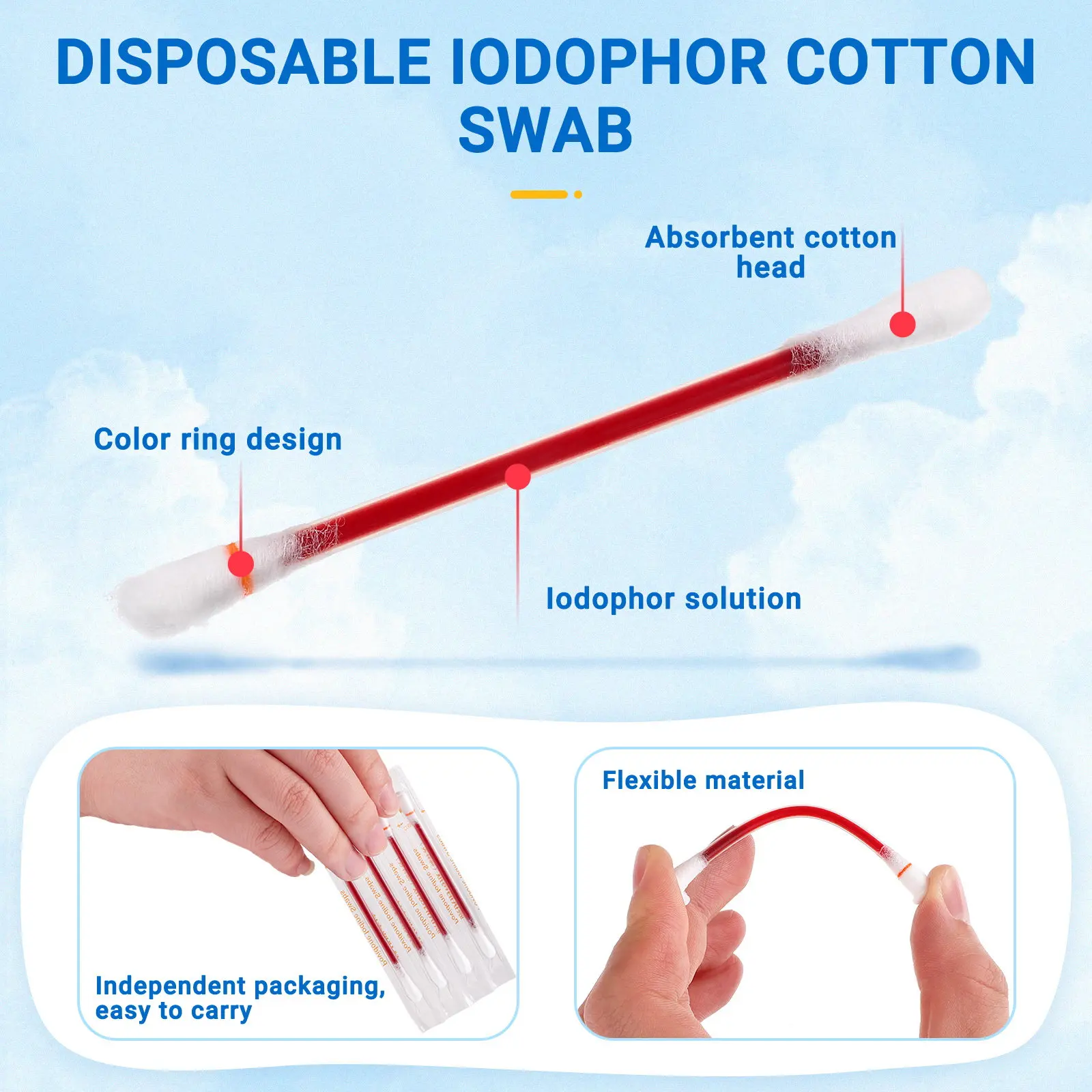 

50pcs Iodophor Cotton Swabs Disposable Wound Sticks for Home Newborn Baby Travel Outdoor First Aid Kit