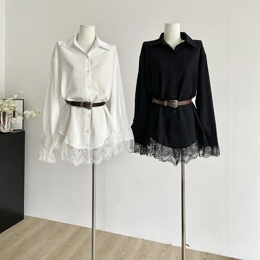 Camicia francese elegante in pizzo gotico da donna Camicetta nera a maniche lunghe primavera autunno con cintura Top chic coreani vintage slim fit Novità