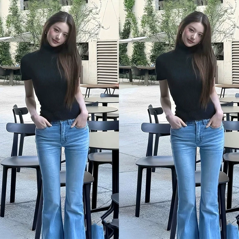 

Zhang Ying Summer Black Half High Collar Short Sleeve Knitted Top Women's Slimming Versatile Base Layer Shirt