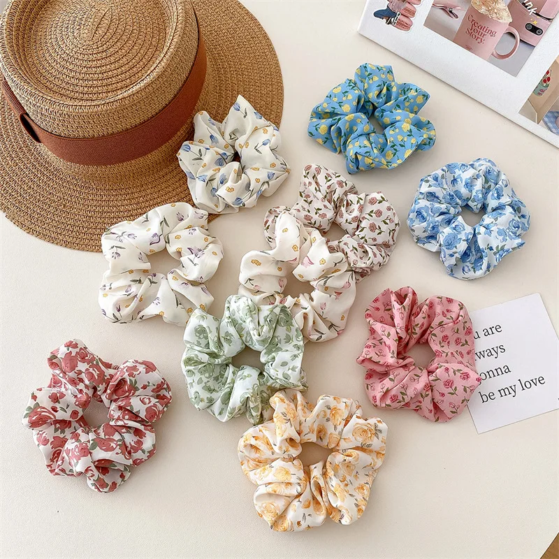 Korean Floral Print Scrunchies Women Girls Hair Ties Rose Hairband Hair Rope Summer Hair Accessories Ponytail Holder S12X07