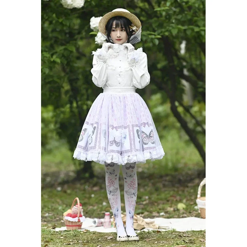 Ainclu الأصلي اليابانية لولي فتاة ناعمة الأرجواني الحلو فراشة طباعة الدانتيل شبكة مطوي لوليتا تنورة sk؛ m1