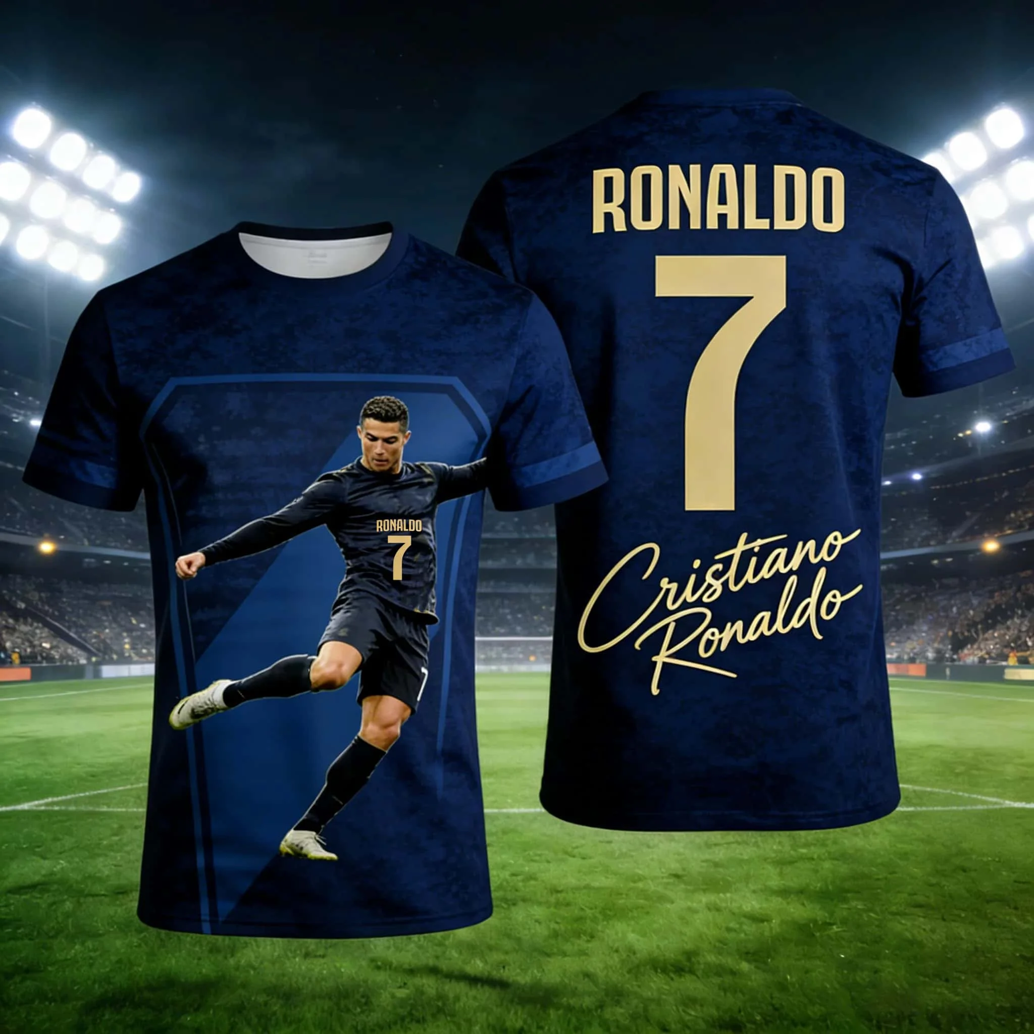 2026 New Ronaldo No.7 Kicking‑Pose Football Jersey Oversized Outdoor Uniform Soccer Shirt Kids Adult Fan Sportswear Tee