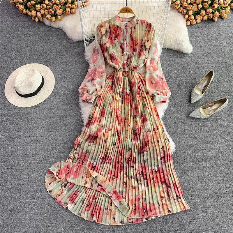 

Spring Autumn Bohemian Women Tie Dye Printed Pleated Long Dress Boho Stand Collar Puff Sleeve High Waist Draped Maxi Vestido New