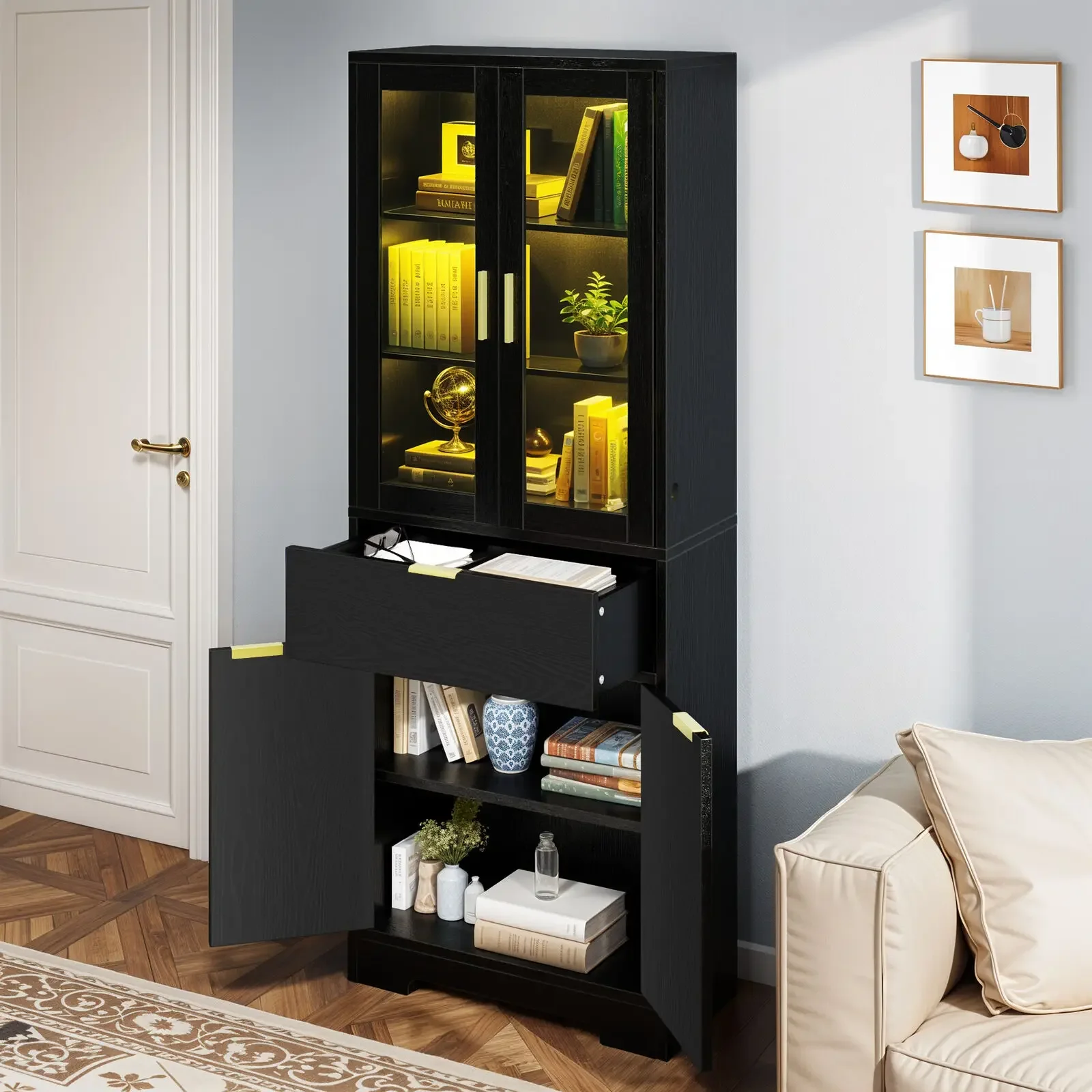 

65" Industrial Bookcase Bookshelf LED Cabinet Drawer Storage Shelves Office Home