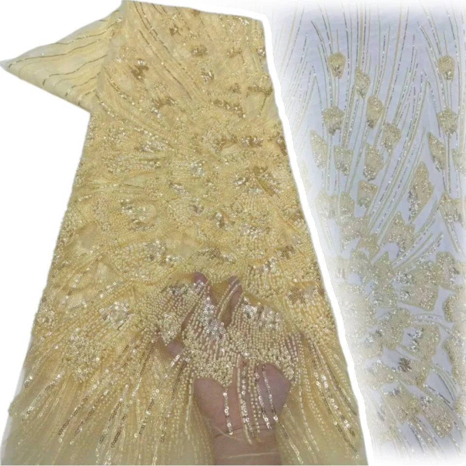 

Желтая роскошная африканская ткань ручной работы с тяжелой вышивкой бисером и пайетками, 5 ярдов, роскошное французское кружево из тюля для вечерних платьев 2359