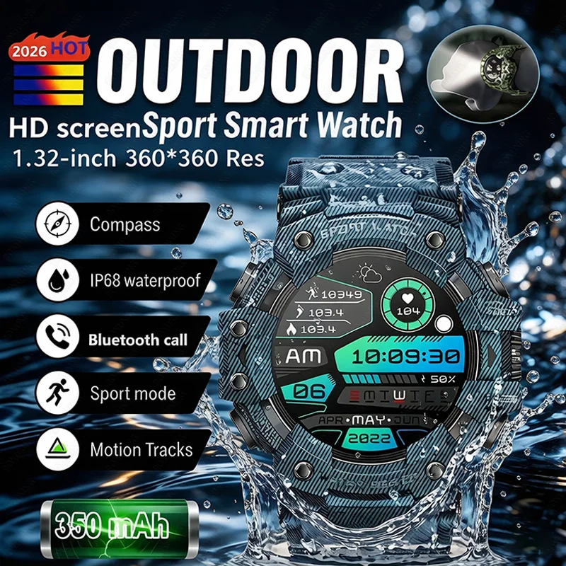 

Новые военные умные часы для занятий спортом на открытом воздухе, мужские умные часы с Bluetooth, вызовами, измерением пульса, спортивные, фитнес-часы с компасом, IP68, водонепроницаемые, прочные, умные часы