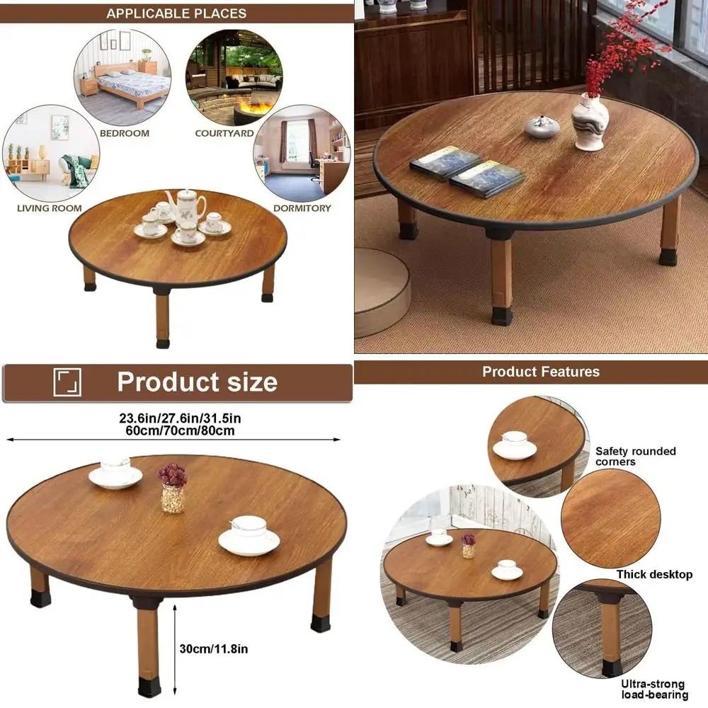 

Round Wooden Folding Tea Table, Portable Low Dining Table for Home Study, 23.6x11.8in