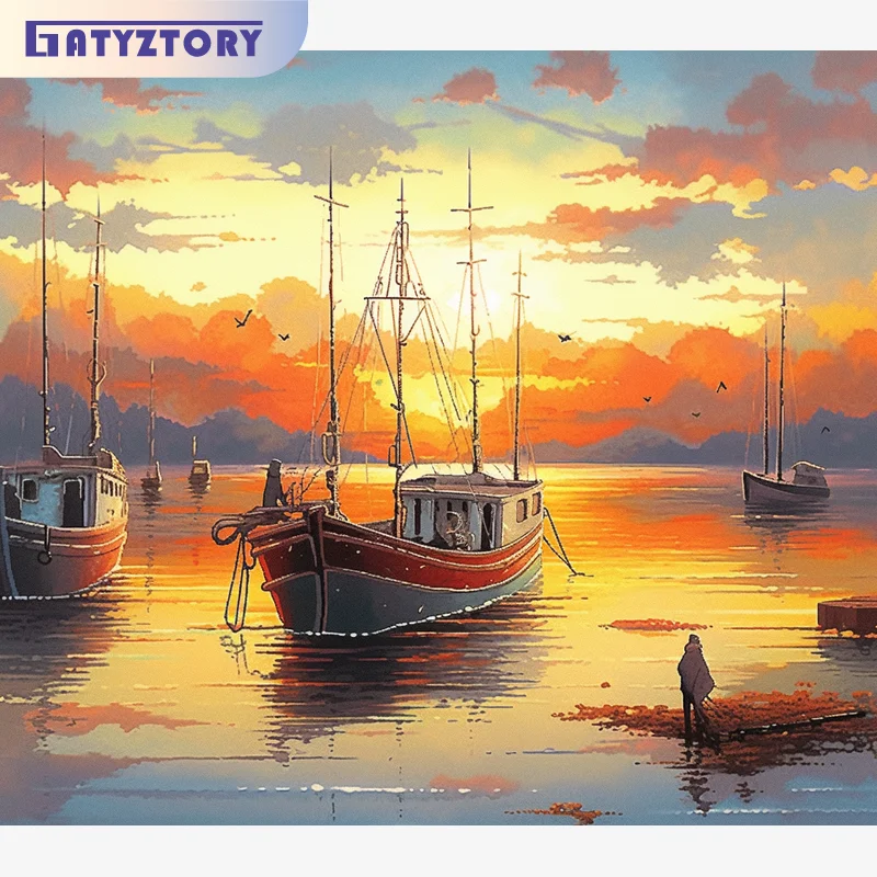 GATYZTORY Modern Paint By Numbers Paint Kit Canvas Painting Sunset Seascape Boat Pictures By Numbers For Adults Wall Decors