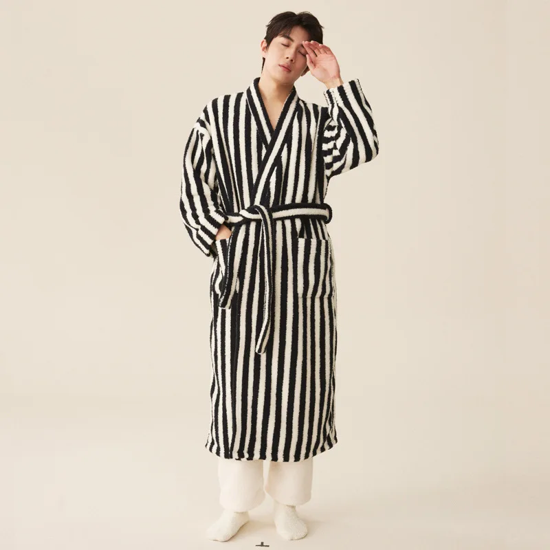 Thickened Flannel Robe Pants Pajamas Set Autumn Winter New Couple Coral Velvet Women Men Bathrobe Striped Lengthed Home Clothes