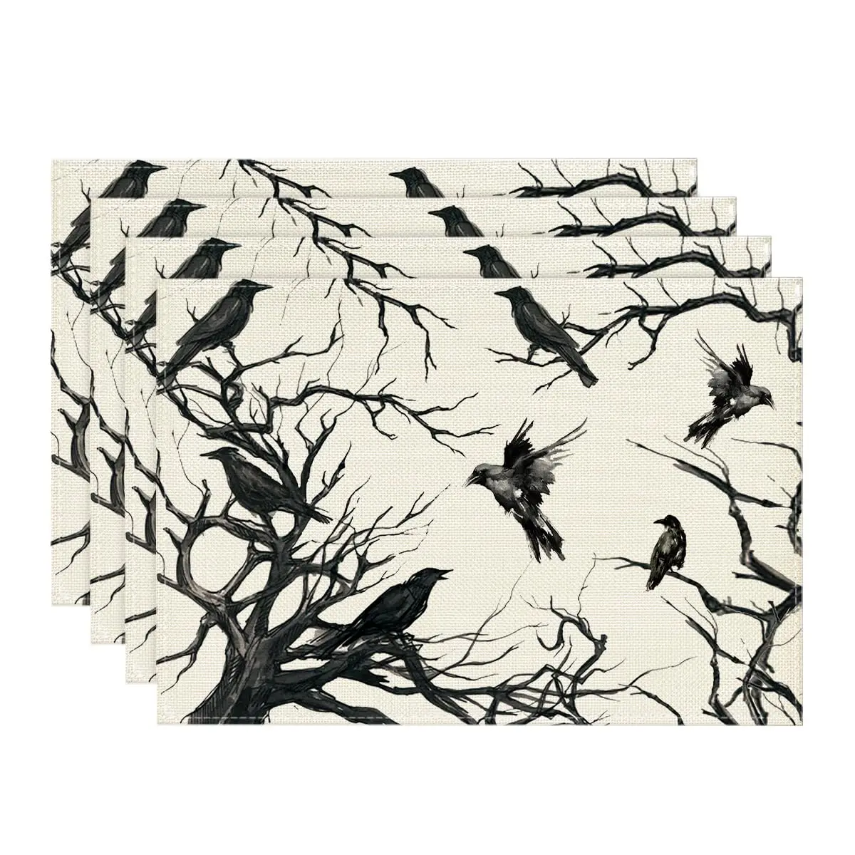 

Tree Crows Halloween Placemats Set of 4, 12x18 Inch Branches Fall Table Mats for Outdoor Home Party Kitchen Dining Decoration