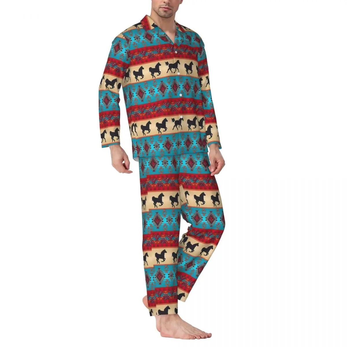 Tribal Horse Pajamas Men Vintage Print Fashion Home Nightwear Autumn 2 Piece Loose Oversize Graphic Home Suit