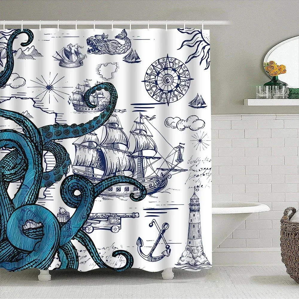 

1 шт., занавеска для душа с изображением осьминога, парусной лодки, перегородка для ванной комнаты, декоративная занавеска, машинная стирка, занавеска с принтом осьминога, оконная занавеска для конфиденциальности