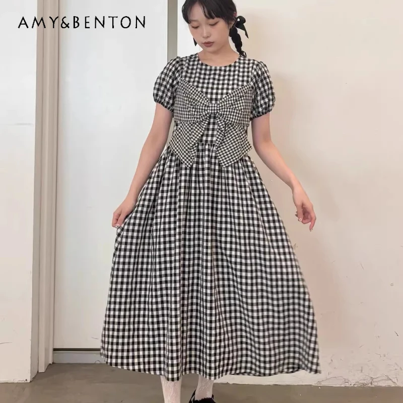 

Japanese Sweet Girls Y2k Cute Plaid Bow Women's Dress 2026 Summer New Original Design Loose Age-reducing Long Dresses Ladies
