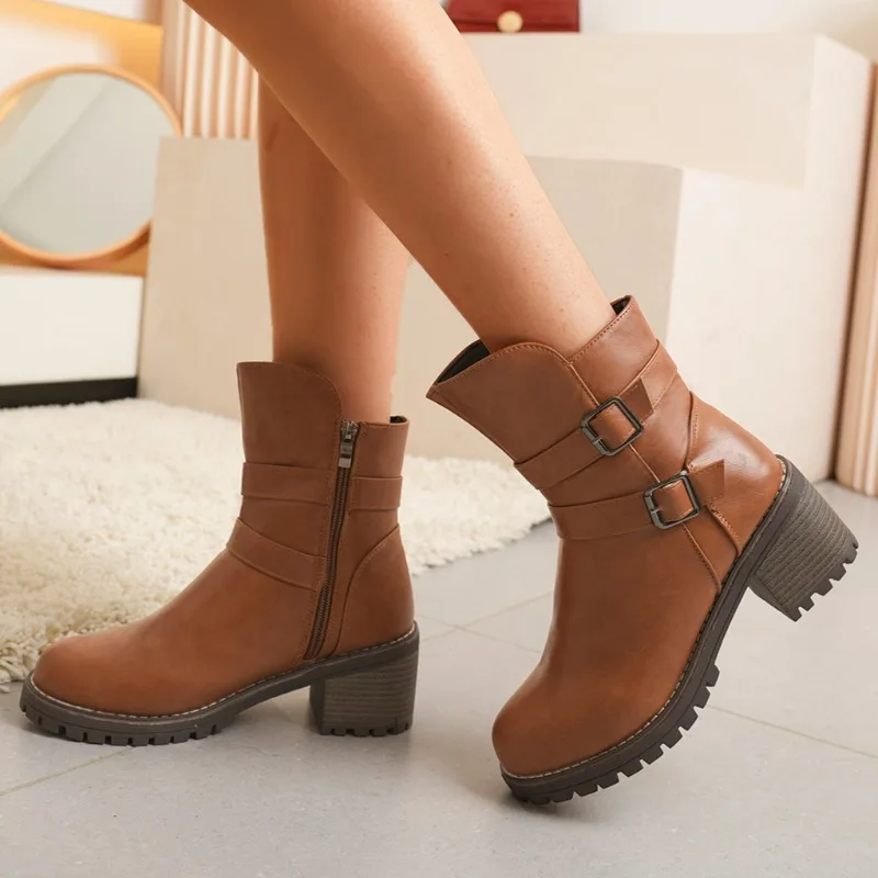 Punk Double Buckle Ankle Boots Women Chunky Block Heel Fold Over Top Fall Winter Street Style Essential Pair