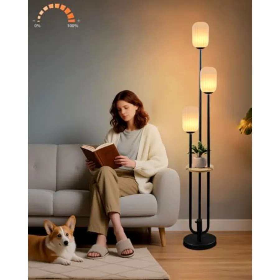 

Black Dimmable Floor Lamp with Shelf Modern Floor Lamps with Oval Striped Lampshade and Bulb Included 3-Lights Tall Lamp with 5