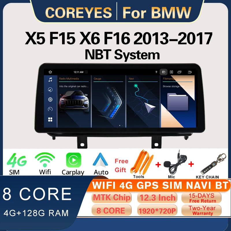 

COREYES 12,3 дюйма 1920*720P Android 12 для BMW X5 F15 X6 F16 2013-2017 Автомобильный радиоприемник Мультимедийный плеер GPS Беспроводной экран CarPlay